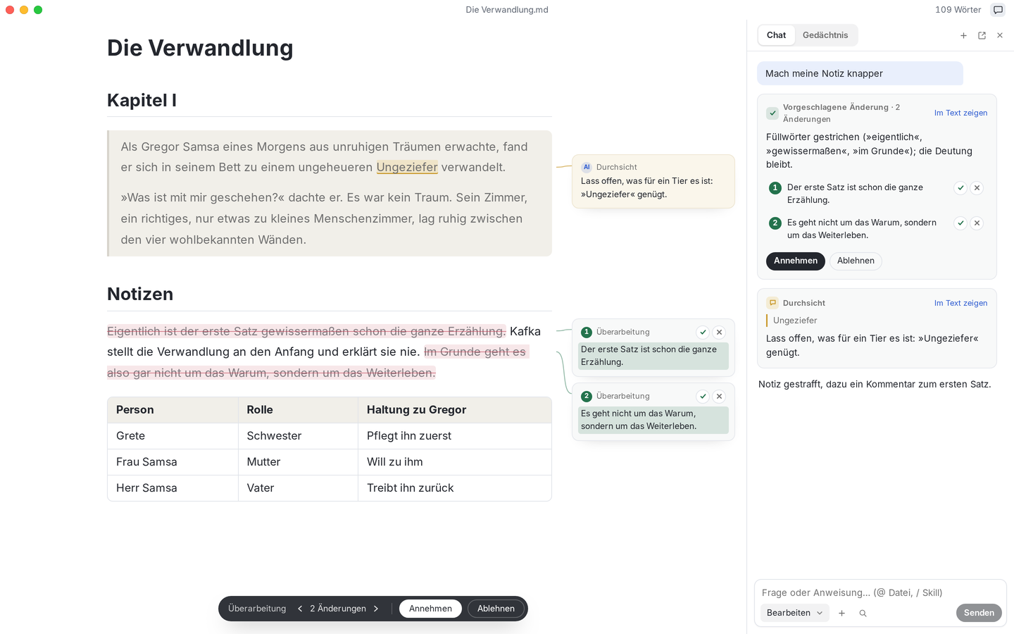 Textus mit Kafkas »Die Verwandlung« und den Notizen dazu. Textus AI strafft die Notizen Satz für Satz, jede Änderung am Rand, und heftet einen Kommentar neben den Text.