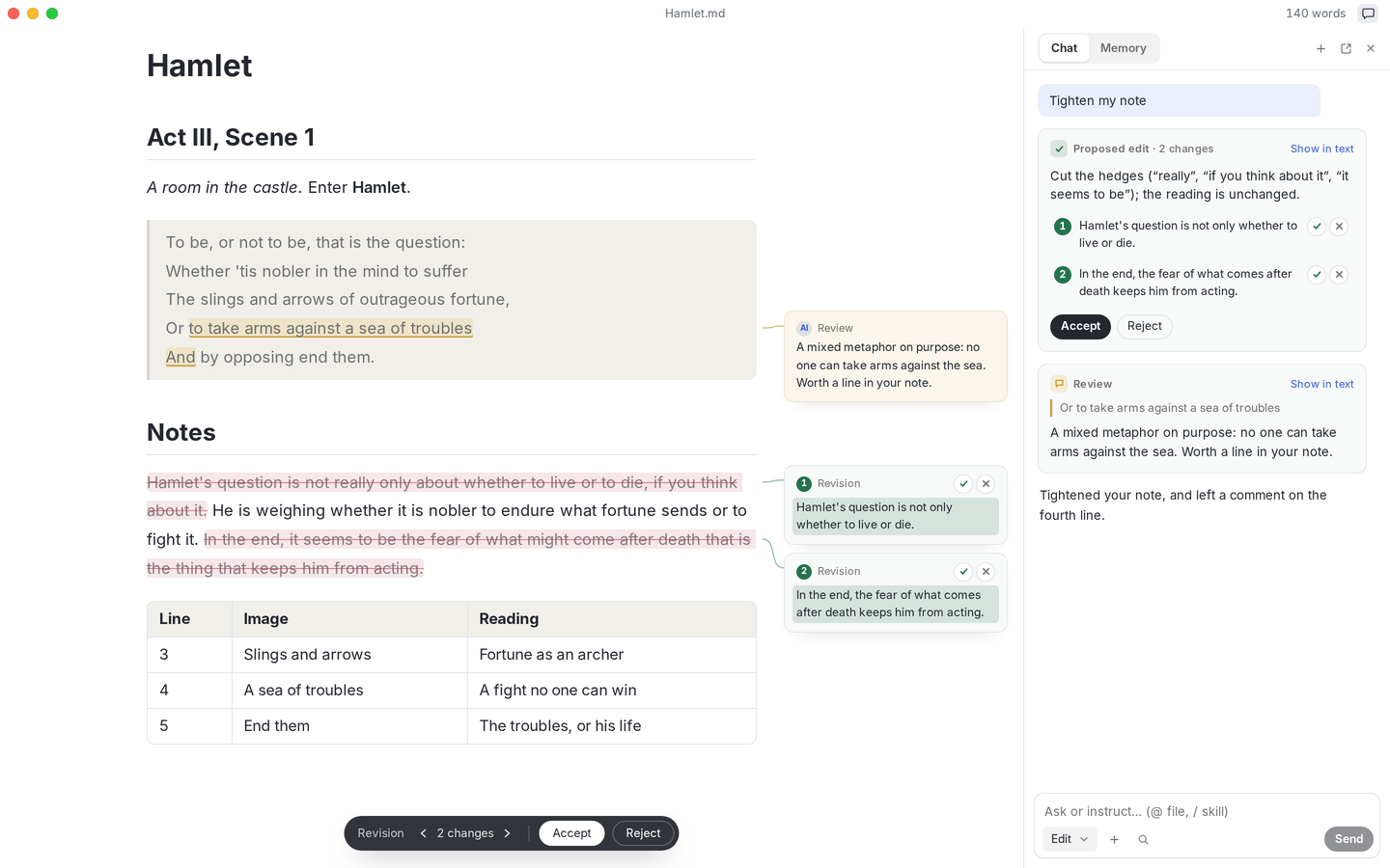 Textus with Hamlet and the reader’s notes on it open. Textus AI tightens the notes sentence by sentence, each change in the margin, and pins a review note beside the play.