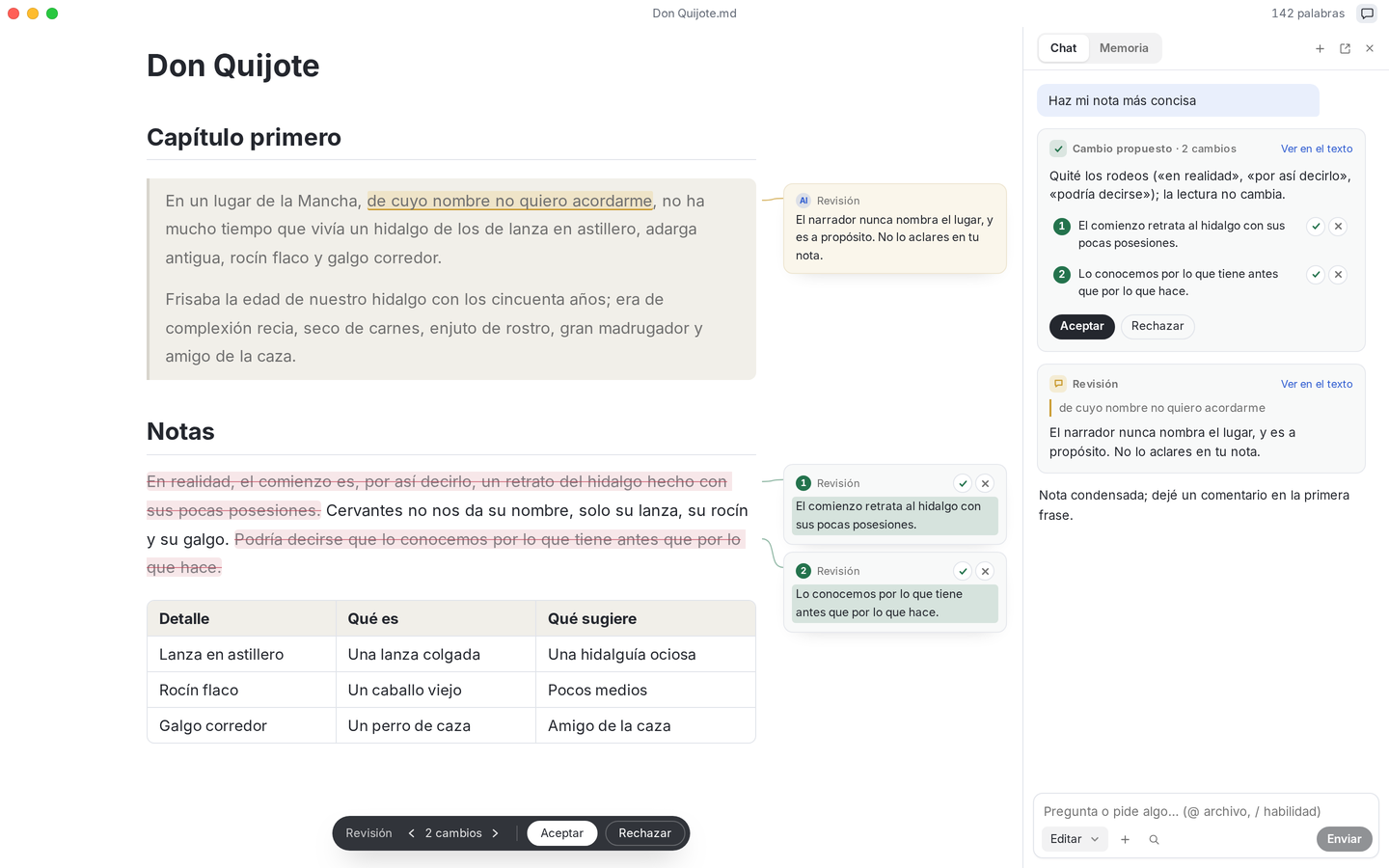 Textus con Don Quijote de la Mancha y las notas del lector abiertas. Textus AI condensa las notas frase a frase, cada cambio en el margen, y deja un comentario junto al texto.