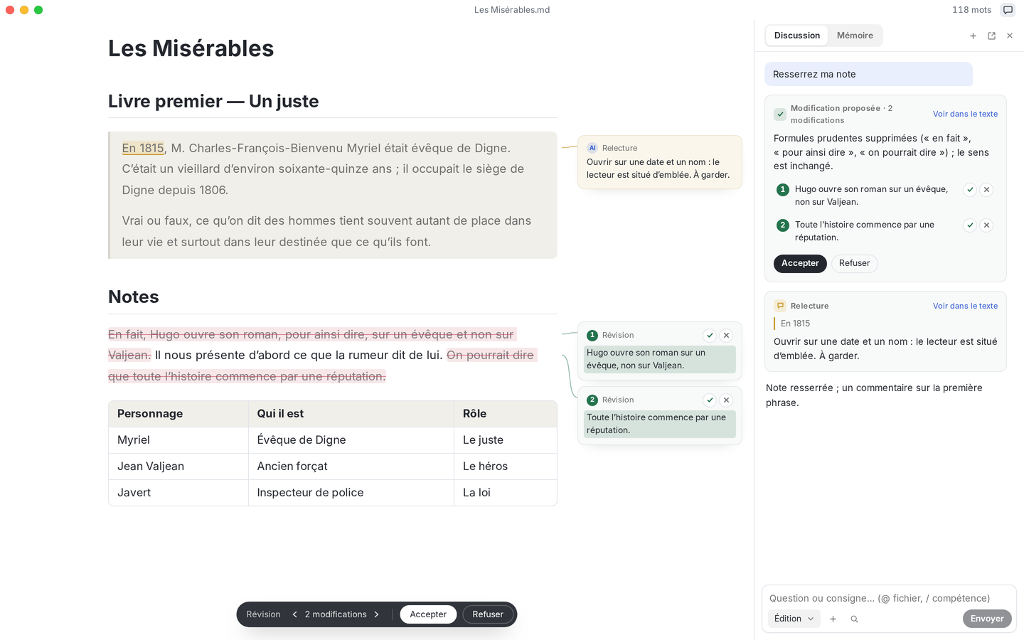 Textus avec Les Misérables et les notes du lecteur ouvertes. Textus AI resserre les notes phrase par phrase, chaque modification dans la marge, et épingle un commentaire de relecture à côté du texte.
