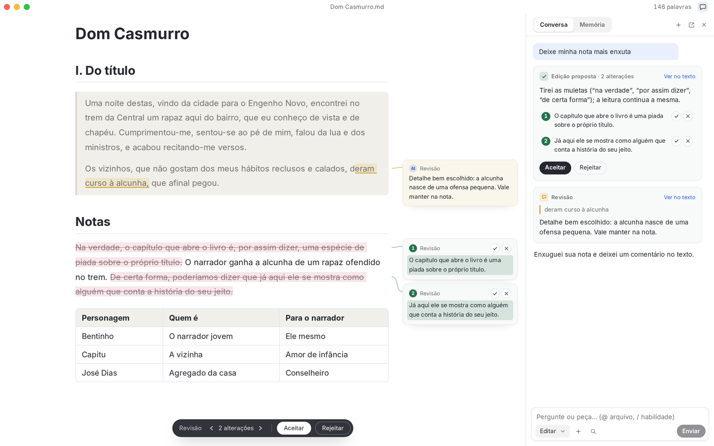 O Textus com Dom Casmurro e as notas do leitor abertas. A Textus AI enxuga as notas frase a frase, cada mudança na margem, e fixa um comentário de revisão ao lado do texto.