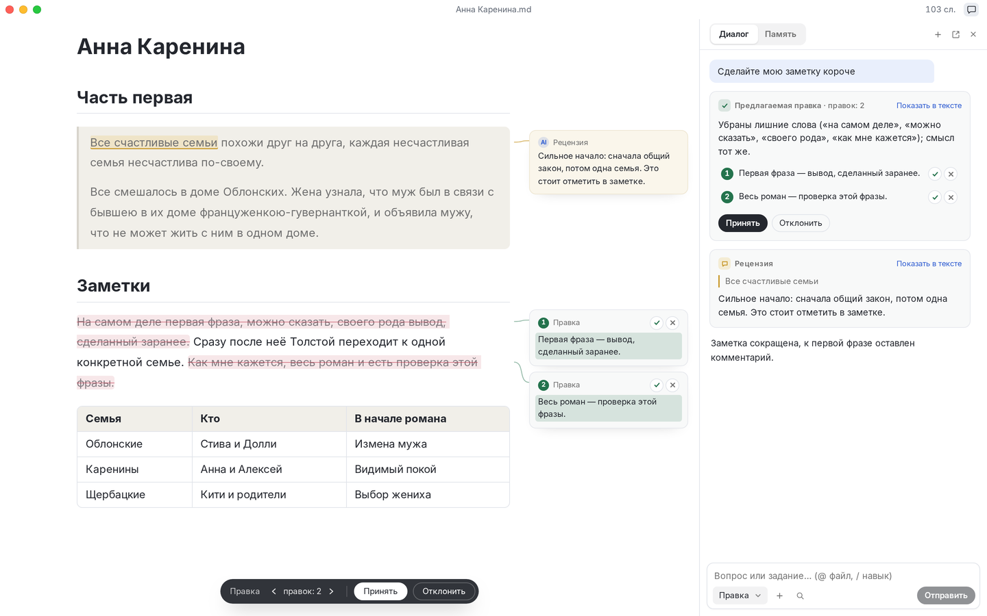 Textus с открытым романом «Анна Каренина» и заметками читателя. Textus AI сокращает заметки по предложениям, каждая правка на полях, и оставляет комментарий рядом с текстом.